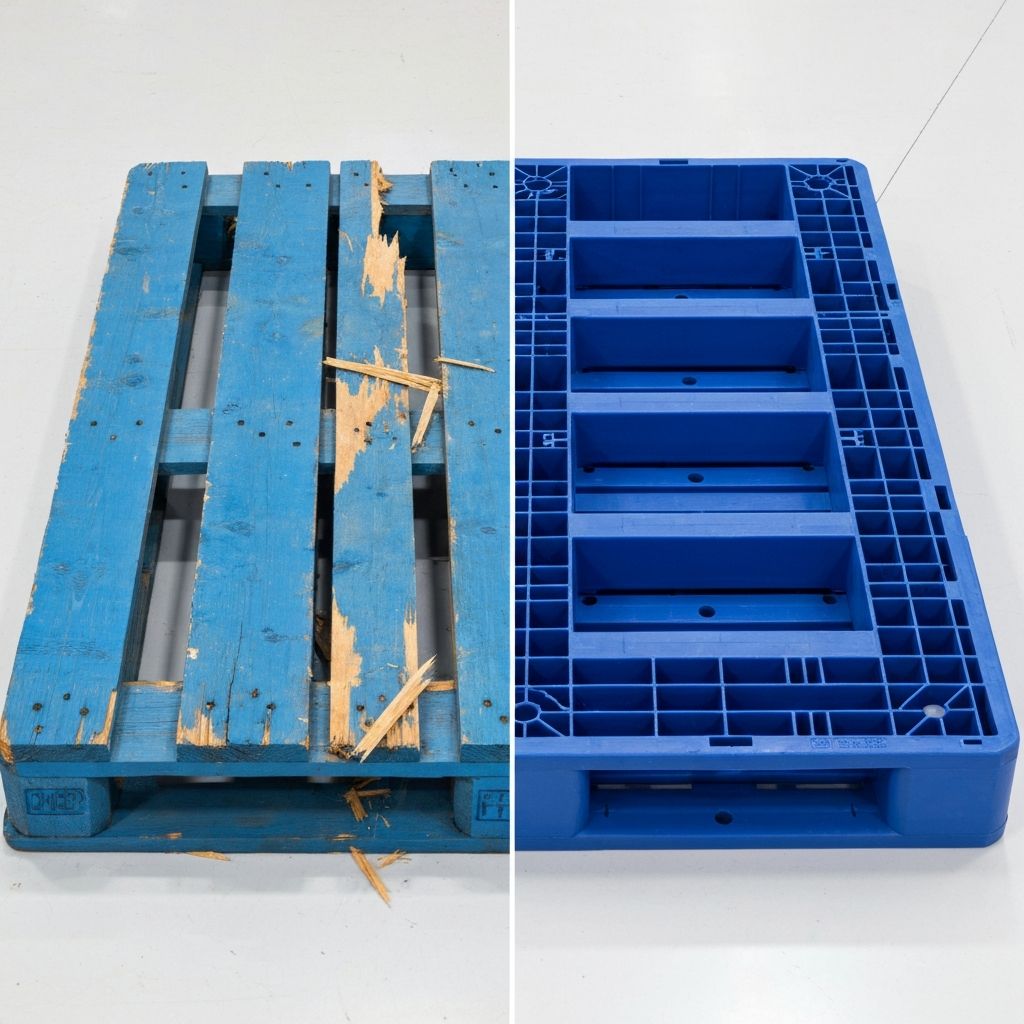 Side by side comparison of damaged CHEP wood pallet versus new plastic pallet