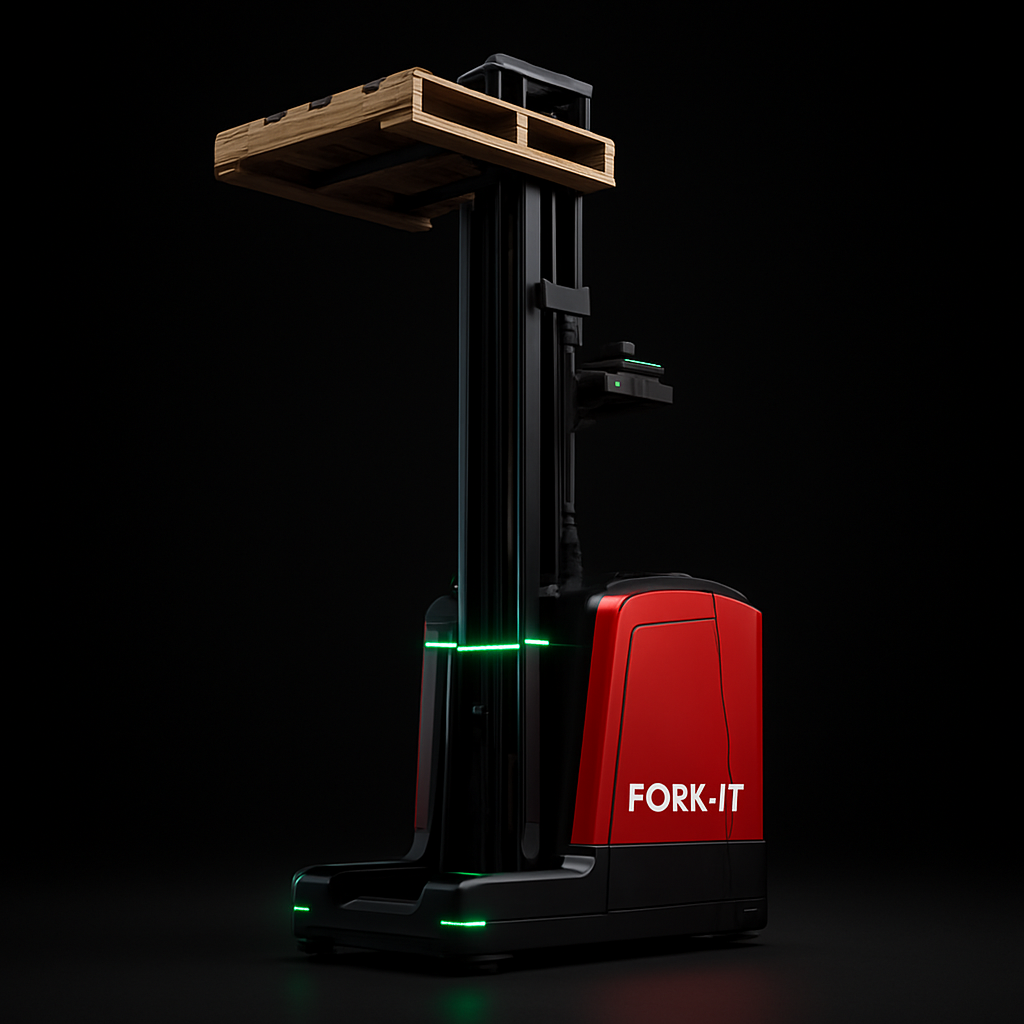 FORK-iT autonomous reach-truck stacker robot lifting a pallet high