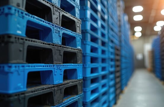 Blue plastic pallets stacked in warehouse