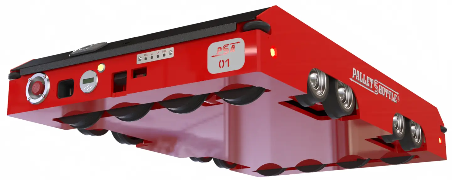 A red Pallet Shuttle automated warehouse robot with wheels and control buttons