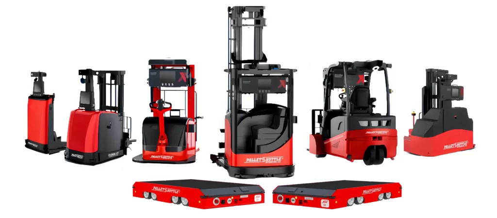 Red and Black automated pallet handling robots and forklifts from Pallet Shuttle