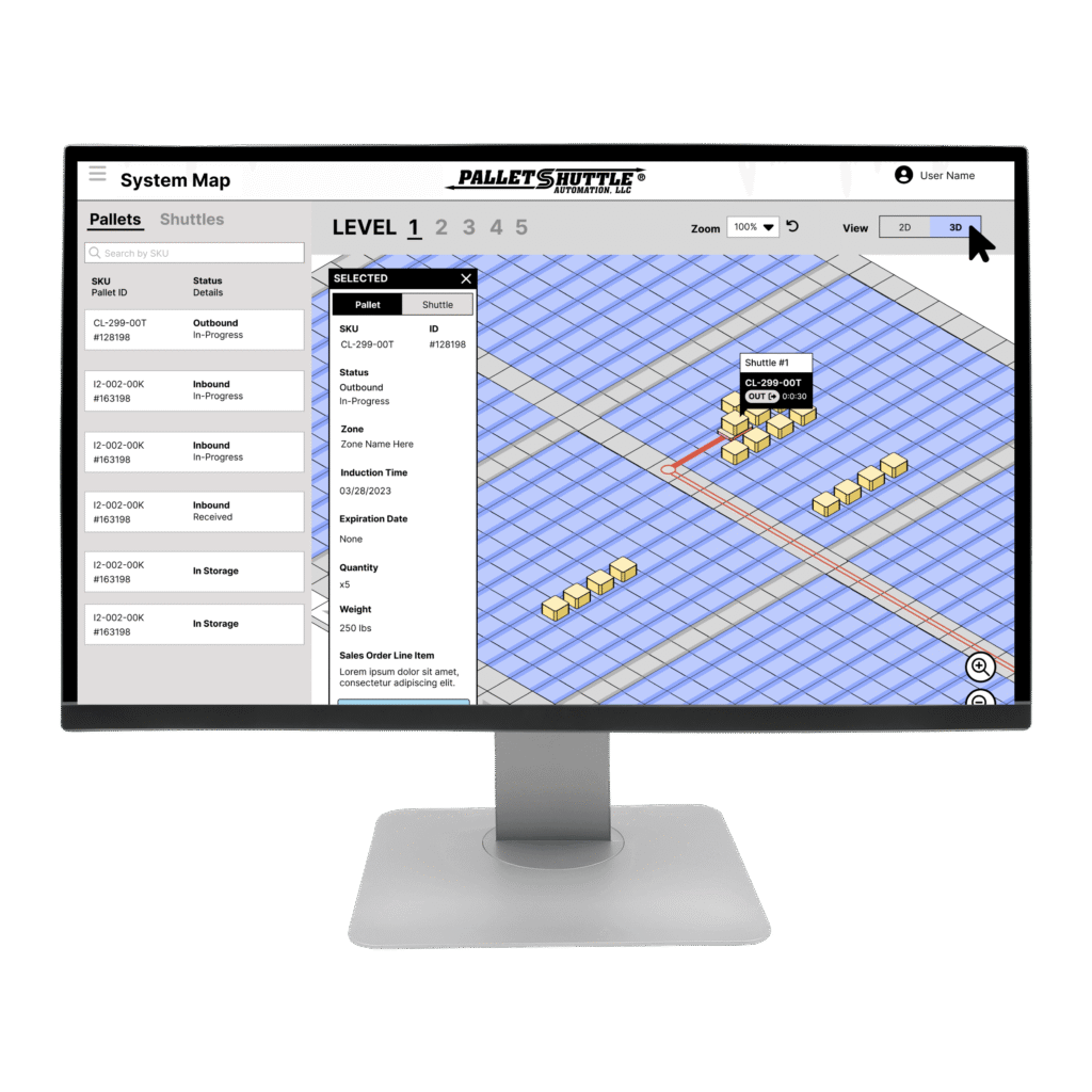 TRAK-IT warehouse management user interface for pallet shuttle system